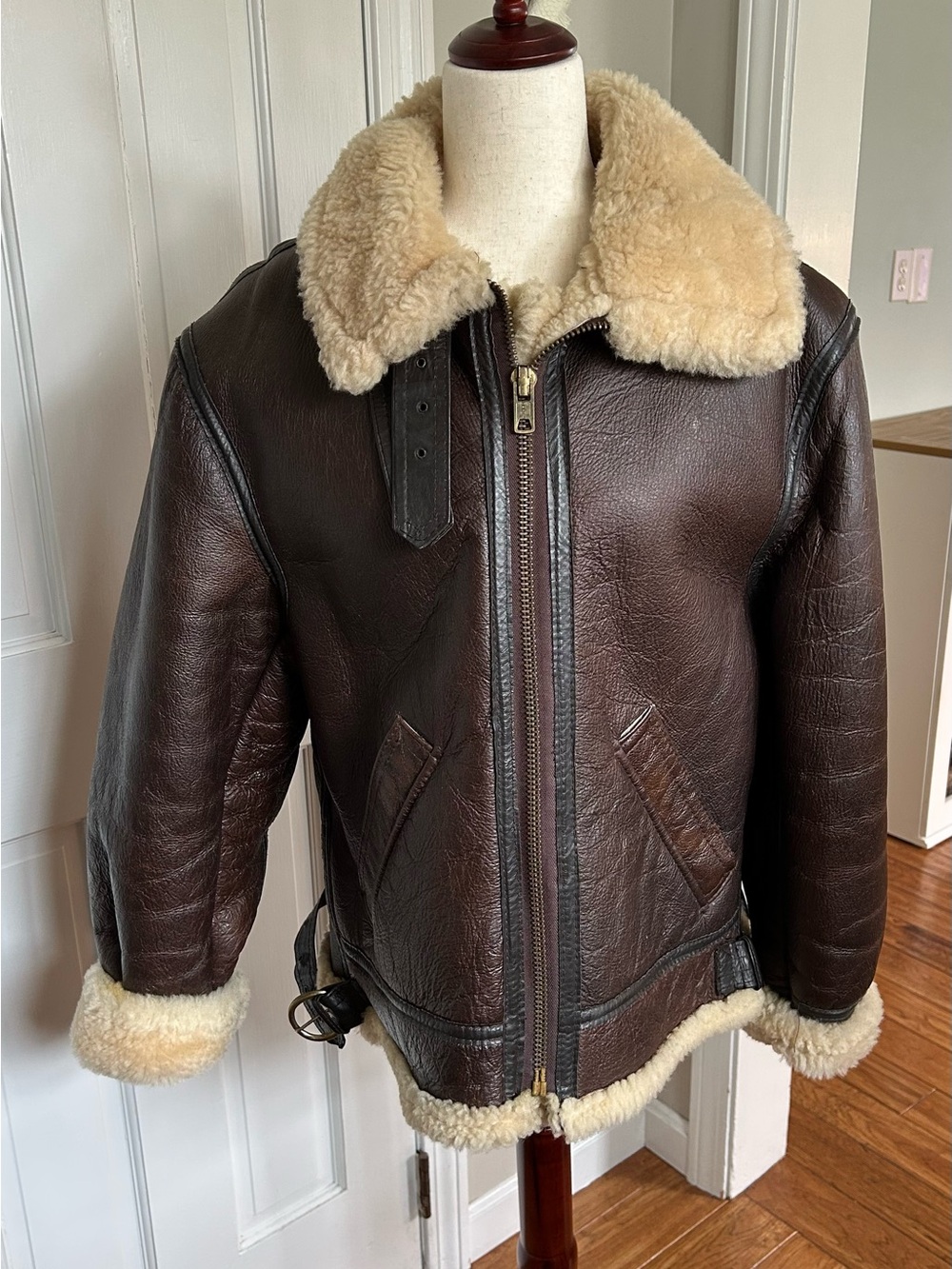 Sage Dark Brown Leather Bomber Jacket with Cream Shearling Collar